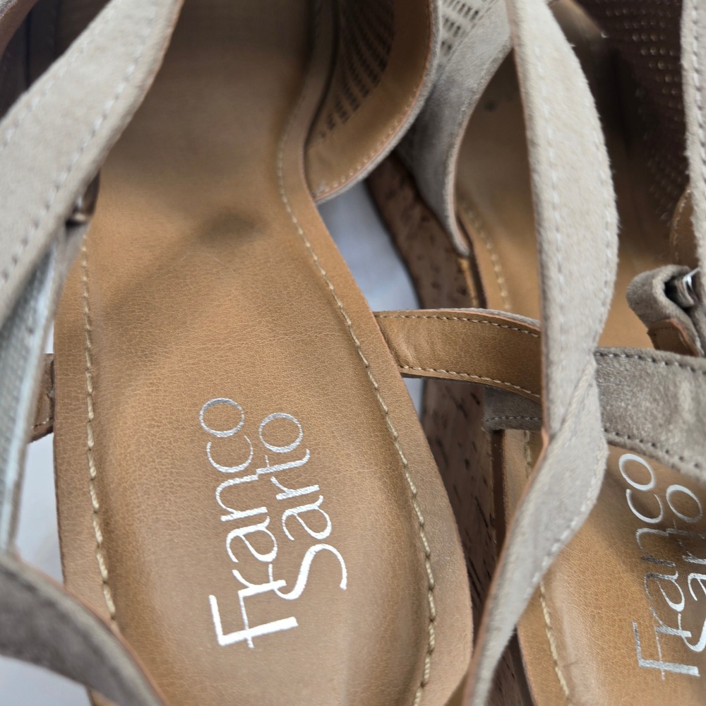Franco Sarto Wedge heel Women 11M Taupe Good Perforated Cork Heel 5 inch Strappy - Picture 4 of 11